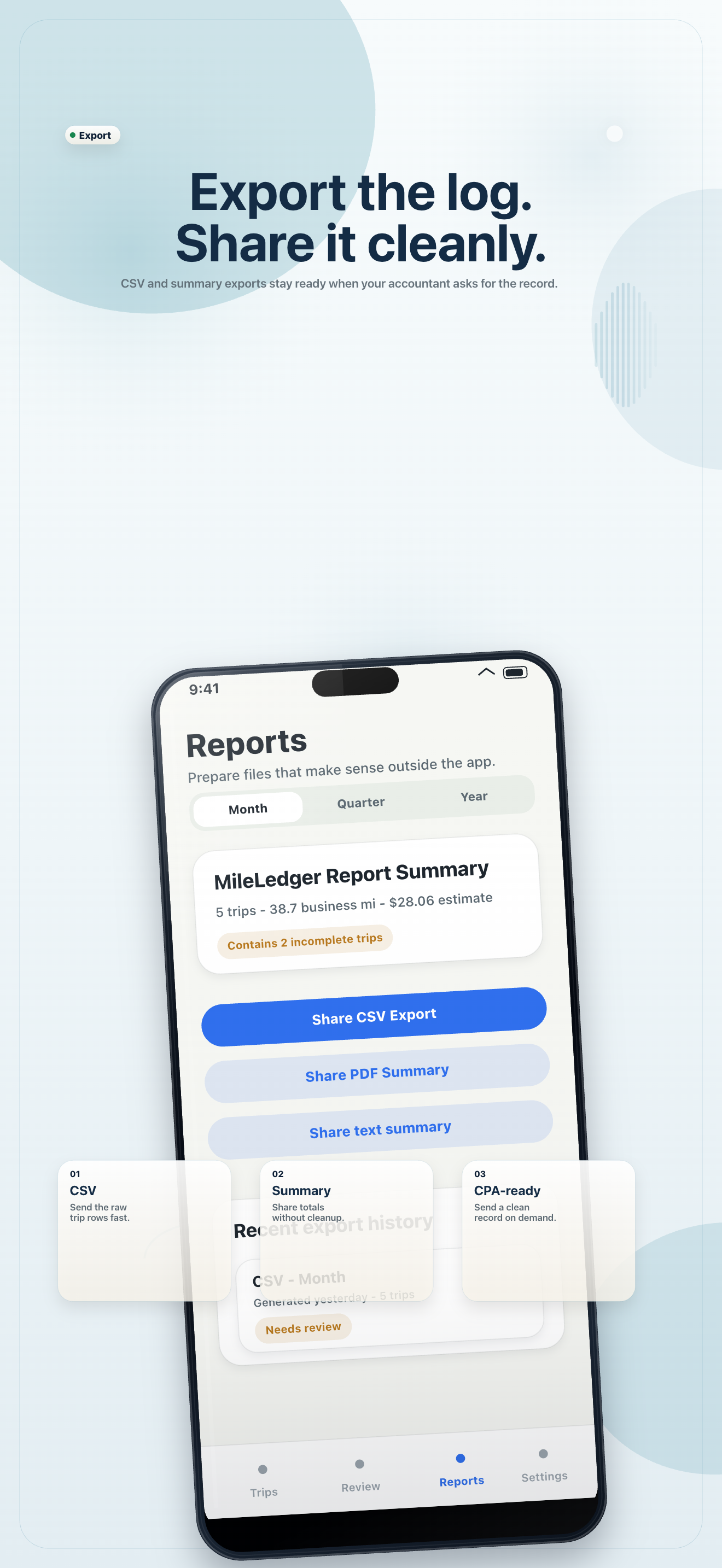 MileLedger iPhone export screen showing mileage report options.